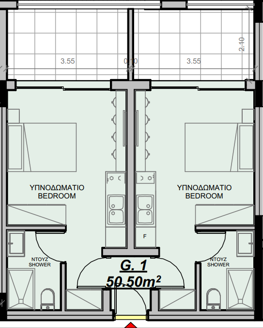Grand one-bedroom concept drawing showing two suites with bathrooms and kitchenettes